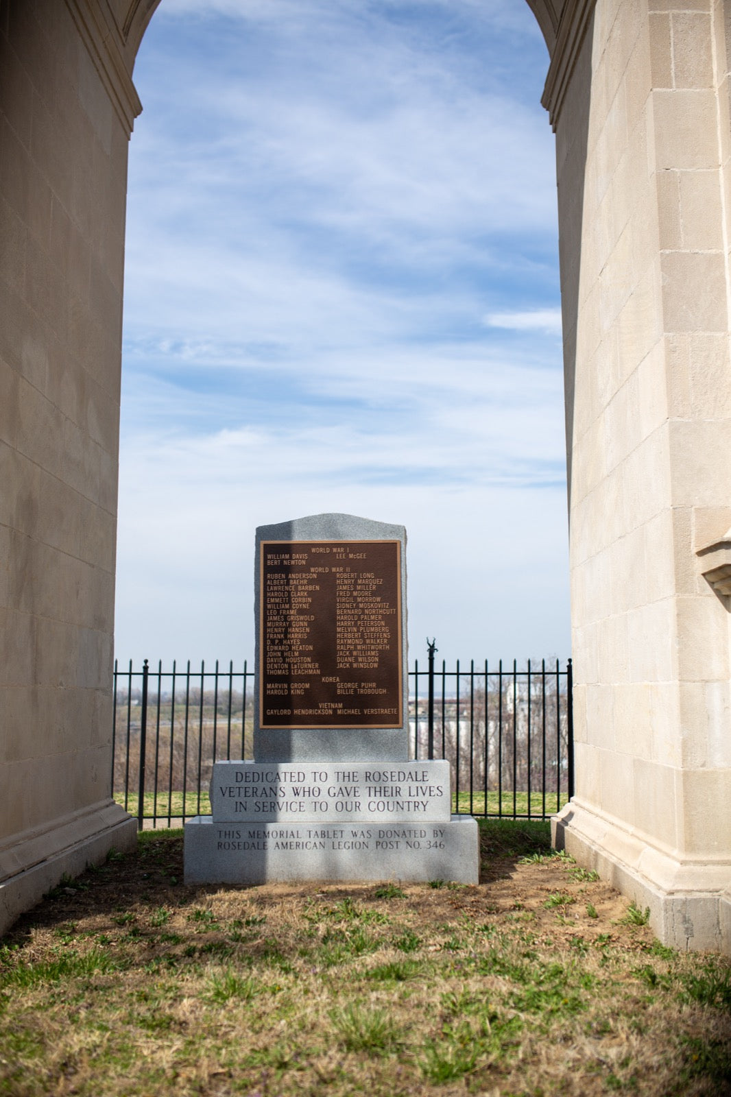 Inside the Rosedale Memorial Arch showing veterans memorial plaque listing names of fallen soldiers from Rosedale Kansas City Kansas