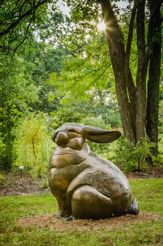 Large whimsical bronze rabbit sculpture under summer trees with sunburst at Powell Gardens botanical garden near Kansas City Missouri