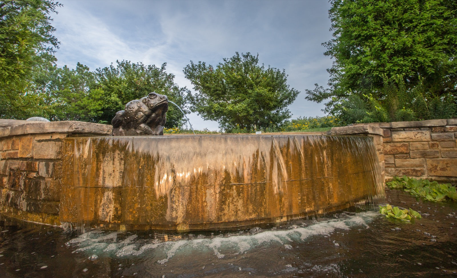 Bronze frog sculpture spouting water on curved stone fountain wall at Powell Gardens botanical garden near Kansas City Missouri